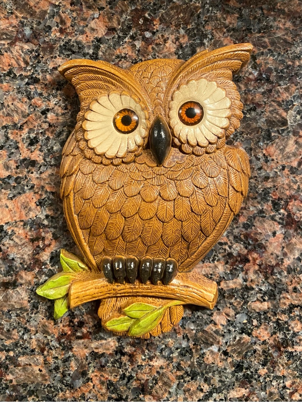 Handcrafted Brown Owl Wall Art with Green Leaf Details